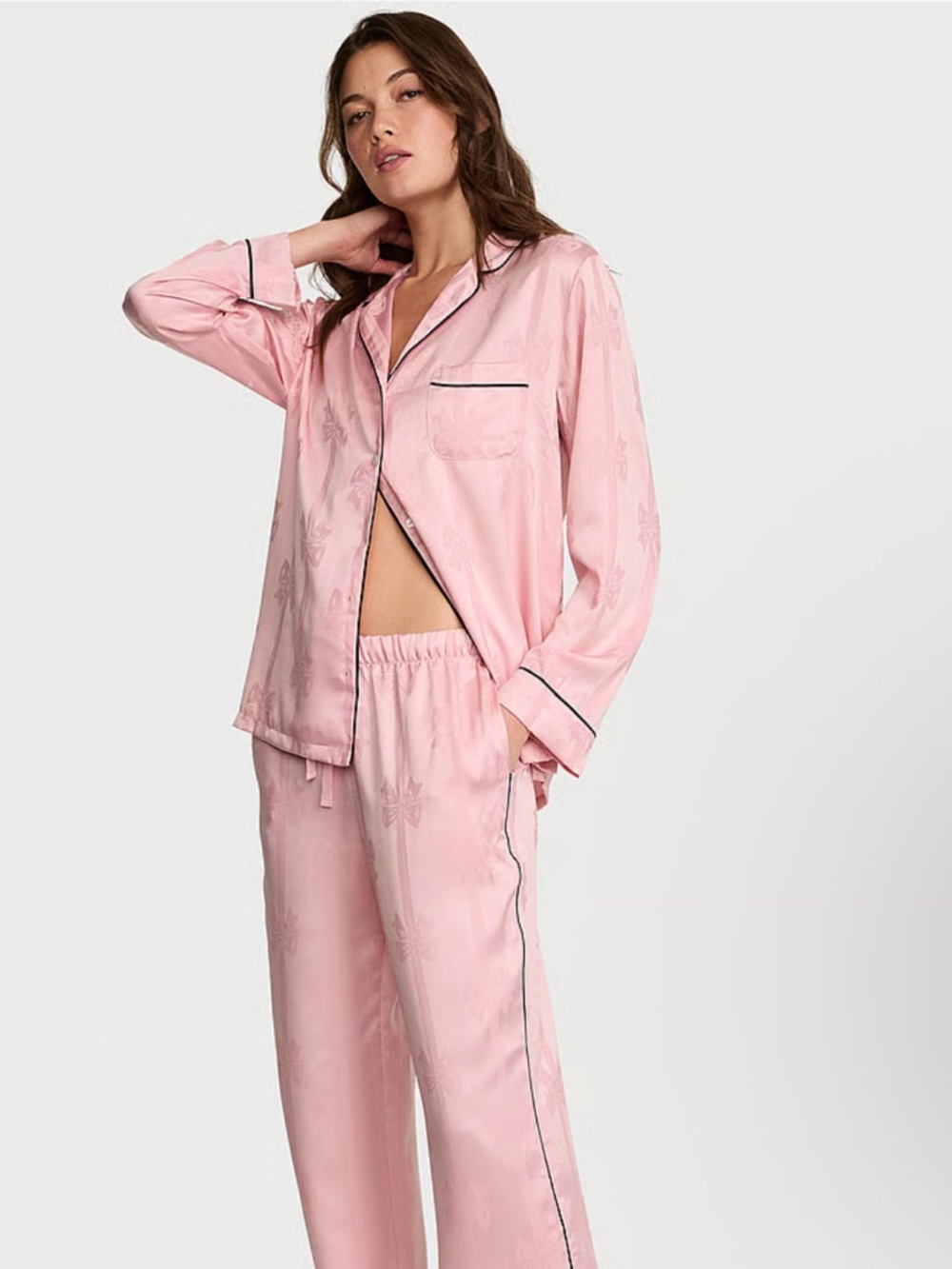 Victoria’s Secret Dusk Pink Bow Satin Long PJ Set